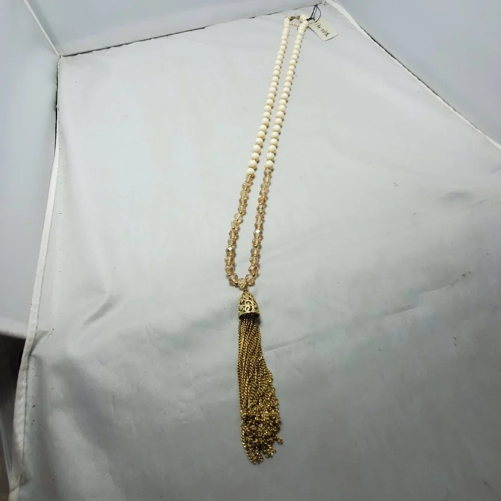 DSW Ivory & topaz beaded necklace with gold tassel - Picture 4 of 11